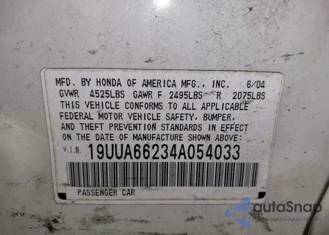 2004 Acura Tl из США, поврежденный, VIN 19UUA66234A054033